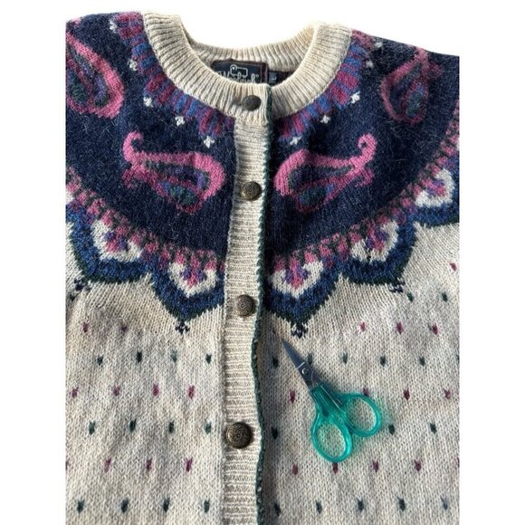 Vintage Woolrich Woman's Sz L Cream Blue Paisley Wool Blend Button Cardigan - Picture 10 of 11